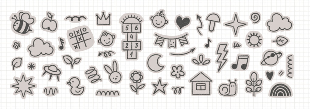 Cute crayon doodles featuring hopscotch, music notes and snail for collage and scrapbook design. Black vector illustration.