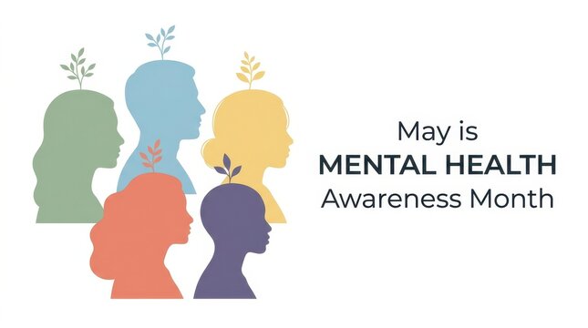 World Mental Health Day Minimalist graphic of diverse people profiles with growing plant sprouts representing mental health awareness month in may