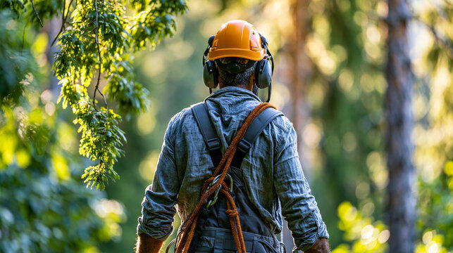 Faceless tree surgeon performing pruning work on sunlit afternoon in lush forested area, woodland tree surgery concept, arborist photography, blurred forest background , with copy