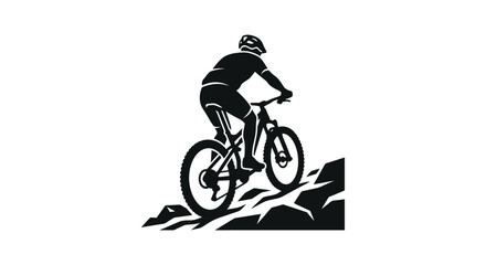 Fototapeta premium Black and white silhouette illustration of a mountain biker climbing a rocky trail.