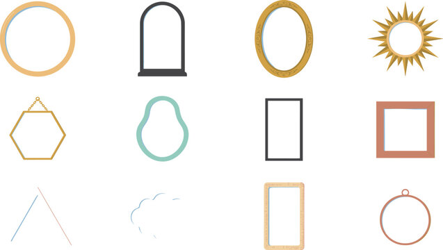 Decorative Wall Mirror and Photo Frame Vector Icon Set Featuring Various Geometric, Vintage, Sunburst, and Modern Shapes for Interior Design Layouts