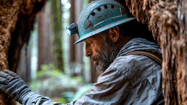 Faceless senior arborist in weather-worn gear examining ancient hollow tree trunk interior with headlamp for cavity inspection and structural assessment, tree health concept,