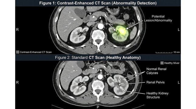 Medical CT scan comparison of healthy kidney anatomy and renal abnormality, contrast-enhanced computed tomography showing lesion detection