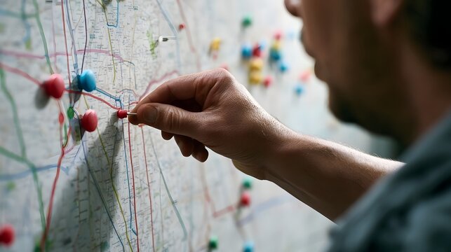 A person carefully placing a red pin on a detailed wall map covered with colorful route markers