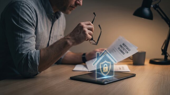 Mortgage Protection Planning with Holographic House Security Icon, Home Loan Safety Concept, Financial Planning and Responsible Homeownership Management, Dark Moody Professional Workspace