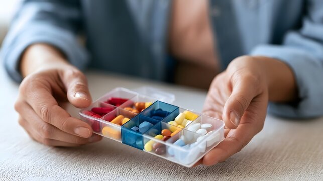 A person holding an open pill organizer filled with various colored pills and capsules for daily medication management