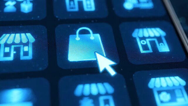Smartphone screen displaying glowing blue shopping apps.