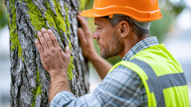 Faceless arborist inspecting oak processionary infestation on park tree trunk during environmental health assessment, tree disease inspection concept, arborist photography,