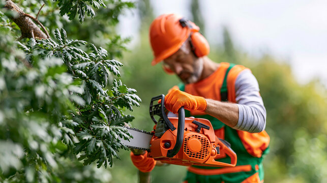 Faceless professional arborist using chainsaw to trim tree branches outdoors during professional maintenance service, tree trimming concept, arborist photography, blurred green