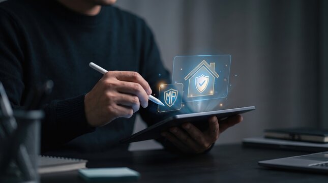 Holographic Mortgage Protection Icon Above Tablet, Home Loan Security Planning, Insurance Shield Verification, Financial Planning and Responsible Homeownership Concept, Dark Cinematic Blurred 