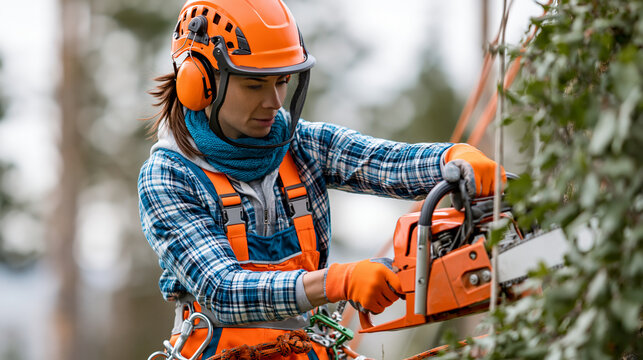 Faceless female arborist working with chainsaw and safety harness performing tree pruning at height, female arborist concept, tree service photography, blurred outdoor background