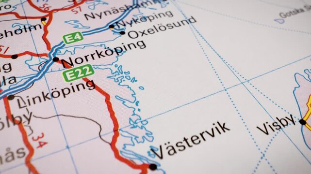 stockholm road map on detailed atlas, gliding close up over sweden