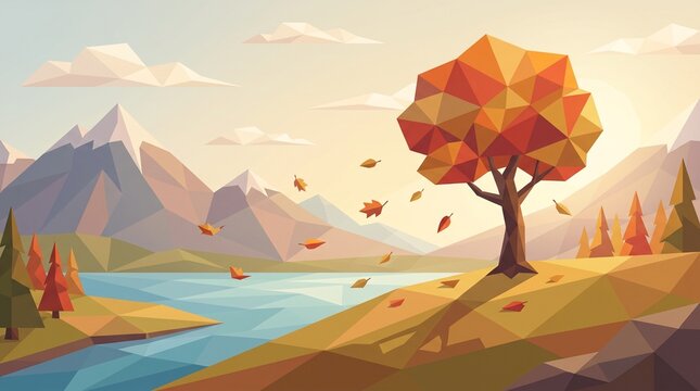 Peaceful Autumn Lake Landscape With Geometric Tree And Falling Leaves In Modern Polygon Nature Illustration