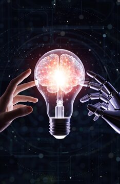 Human Hand And Robotic Hand Reaching Out To Touch A Glowing Light Bulb With A Neural Brain Pattern Inside Representing Future Artificial Intelligence Innovation And Synergy
