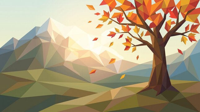 Colorful Low Poly Autumn Landscape With Geometric Tree And Mountain Scenery In Modern Abstract Nature Style