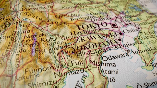 Gliding over a physical map to Tokyo, Japan