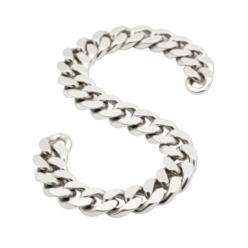 A polished sterling silver cuban link chain with diamond-cut faces arranged in an s-curve on a transparent background luxury jewelry atmosphere