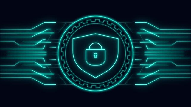 Digital cyber networks rely on this tough security lock overlay graphic. Shield background vectors highlight the security lock inside tech clips. The security lock rotates.