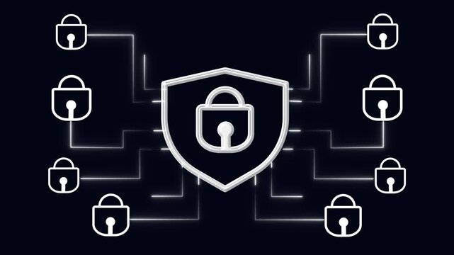 Multiple padlock icons orbit around this glowing digital security shield. Network firewall operations rely on the security shield to stop hackers. That security shield spins.