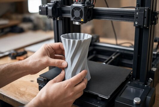 Person holding a newly printed 3D model object in a workshop, manufacturing and technology innovation concept
