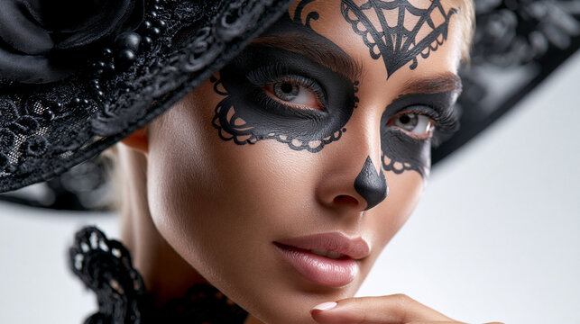Frau mit filigraner schwarzer Spitzenmaske im Totenkopf-Design lehnt Kinn an Hand