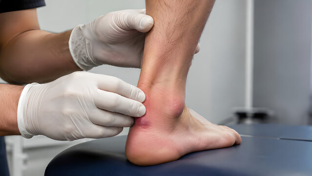 Achilles tendon insertional tendinopathy clinical procedure with ultrasound guided heel assessment and treatment in a healthcare clinic, photorealistic image for medical and patient education