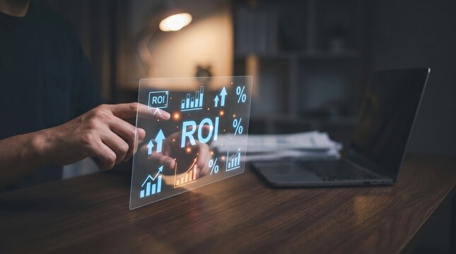 ROI Marketing Analytics Holographic Dashboard with Revenue Growth Charts, Conversion Rate Metrics and Business Strategy Concepts, Moody Minimalist Office Close Up with Blurred Background