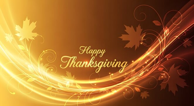 Happy Thanksgiving Golden autumn leaves and swirling light trails on abstract background for festive holiday greeting card and seasonal banner