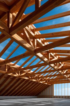 Spacious loft with wooden roof truss background and exposed rafters for renovation poster and architectural design