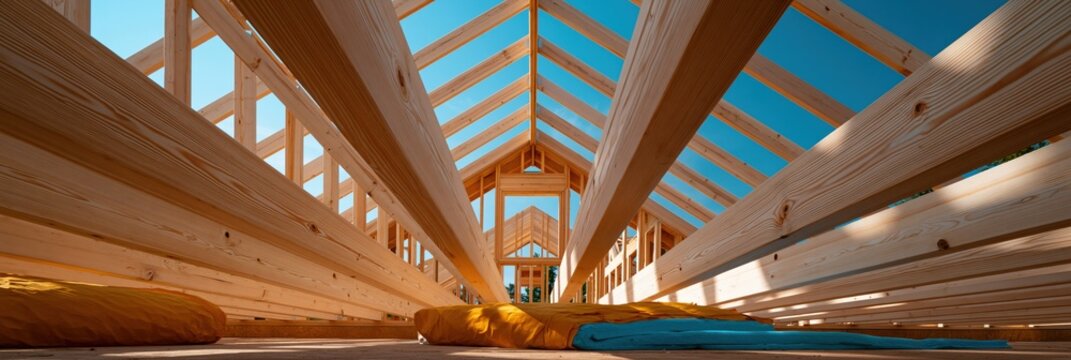 Low angle view of wooden roof framing with long beams for construction background and architectural banner highlighting linear timber patterns