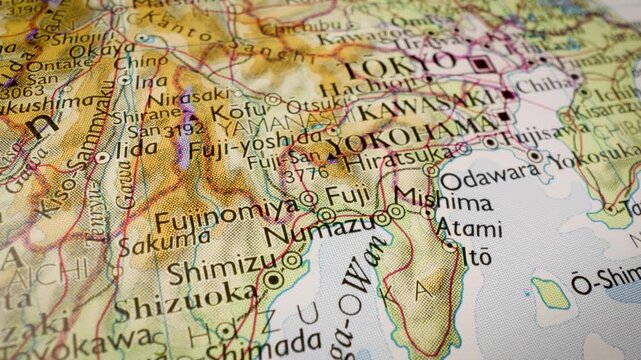 tokyo, japan geographical paper map with gliding camera view