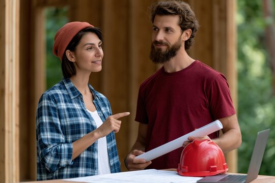 Two architects consulting rolled plans inside wooden framing with a red safety helmet for renovation project presentation and construction background
