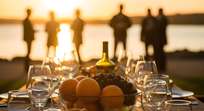 Happy Thanksgiving People gathered for elegant outdoor dining at sunset with wine and fruit centerpiece