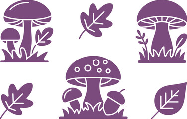 Vector set of a beautiful purple woodland spotted mushroom collection with autumn leaves and cute acorns. Cute natural forest fungus plant silhouette graphic art doodle element © Mst