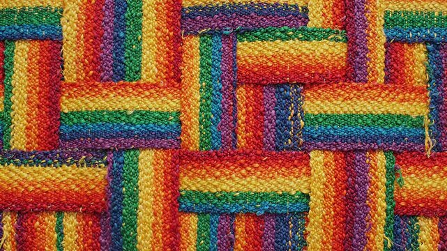 Woven rainbow fabric texture in interlaced pattern.