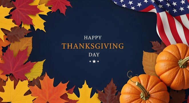 Happy Thanksgiving Autumn leaves border with pumpkins and American flag on dark blue background