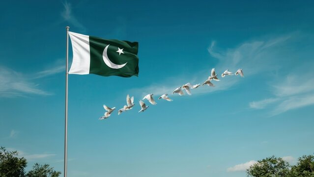 Pakistan flag flying in a clear blue sky with white doves symbolizing peace