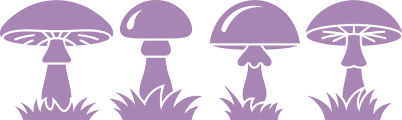 Vector set of a beautiful lilac purple woodland mushroom collection growing in wild grass. Cute natural forest fungus plant silhouette graphic art landscape, doodle element © Mst