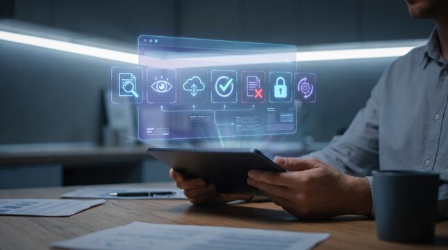 Holographic AI Document Audit Dashboard on Tablet in Dark Modern Workspace, Automated OCR Scanning Cloud Security Workflow Automation Technology Concept with Blurred Background