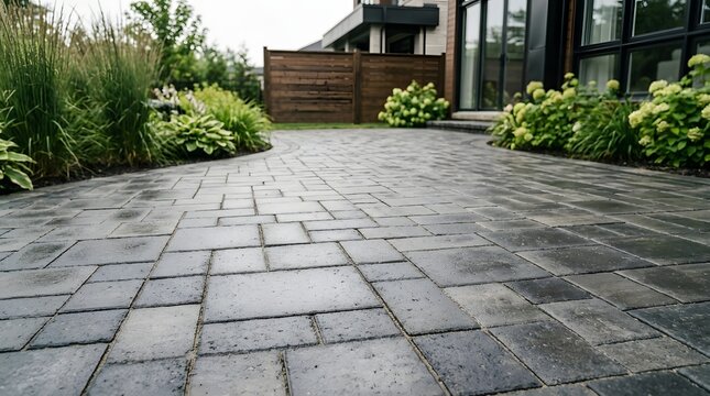 Large stone patio with gray rectangular pavers and green ornamental grasses surrounding contemporary dark wood house architecture in backyard setting.