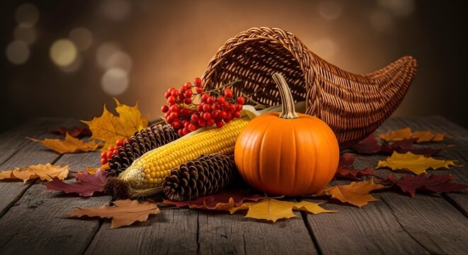 Happy Thanksgiving Wicker cornucopia filled with fresh autumn harvest vegetables and pinecones on rustic wooden table with orange maple leaves