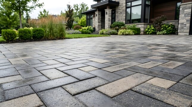 Modern interlocking stone paver driveway in front of luxury contemporary house featuring dark gray and beige blocks with professional landscaping art.