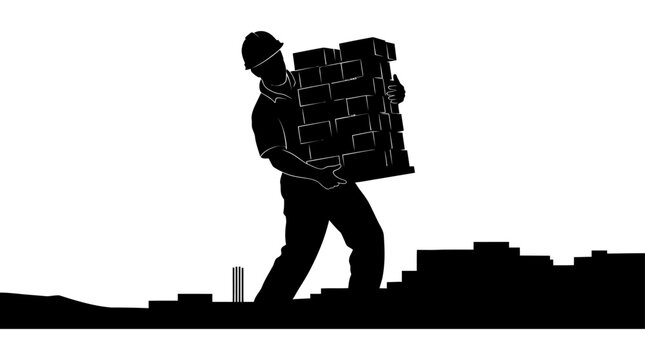 Construction Worker Carrying Bricks Black Silhouette On White Background