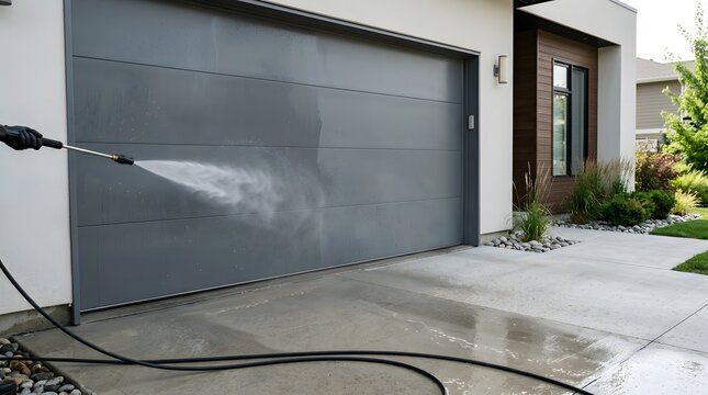 Person using industrial power sprayer to wash dirt and grime from grey modern garage door surface for residential property maintenance and deep cleaning.