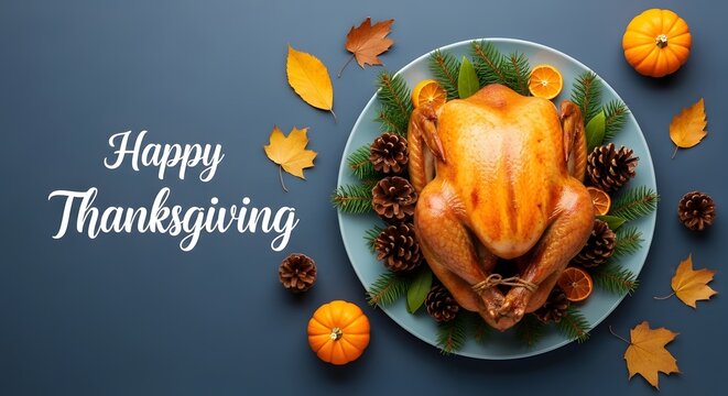 Happy Thanksgiving Roasted golden turkey on blue plate surrounded by pinecones and autumn leaves with text on dark blue background