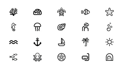 Collection of simple black line art icons representing various marine life ocean elements and beach vacation symbols on a white background © Shibu Pada Ghosh
