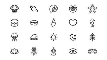 Collection of minimalist outline icons representing various nature elements sea creatures celestial bodies and symbolic shapes for digital design purposes © Shibu Pada Ghosh
