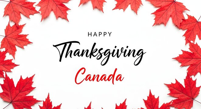 Happy Thanksgiving Frame of vibrant red maple leaves on white background for Canadian holiday seasonal greeting card with copy space in center