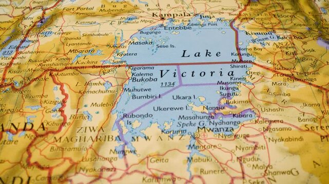 lake victoria on detailed atlas map, gliding close up over