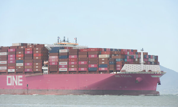San Francisco, CA - July 12, 2026: Ocean Network Express cargo ship ONE FOCUS in the San Francisco Bay. O.N.E. is a joint venture between Nippon Yusen Kaisha , Mitsui O.S.K. Lines and K Line.